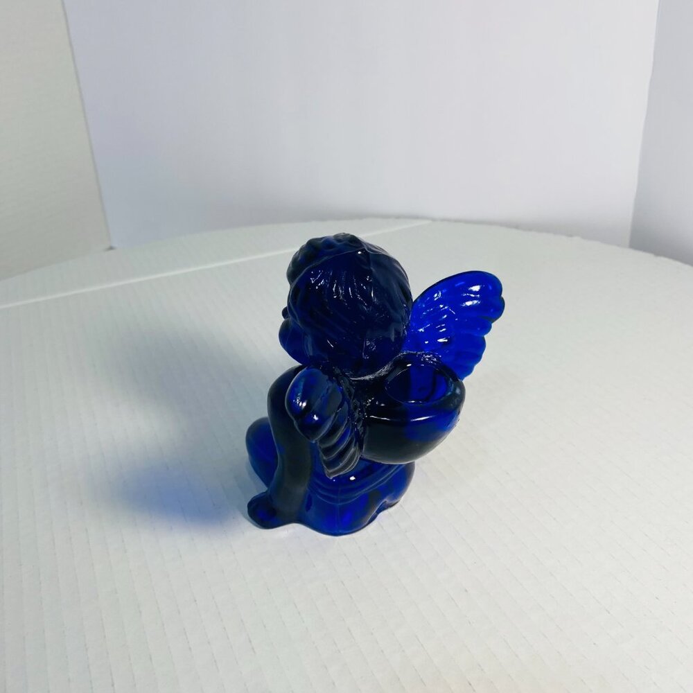 VTG Two Cobalt Blue Glass Sitting Angel Cherub Taper Candle Holders 5"x 5"x 5" - Picture 11 of 17
